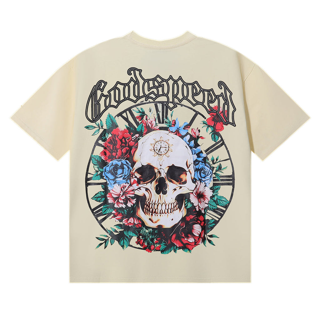 Godspeed T-shirts Skull Rose Clock Plate Double Yarn Cotton Casual Short Sleeve Men and Women