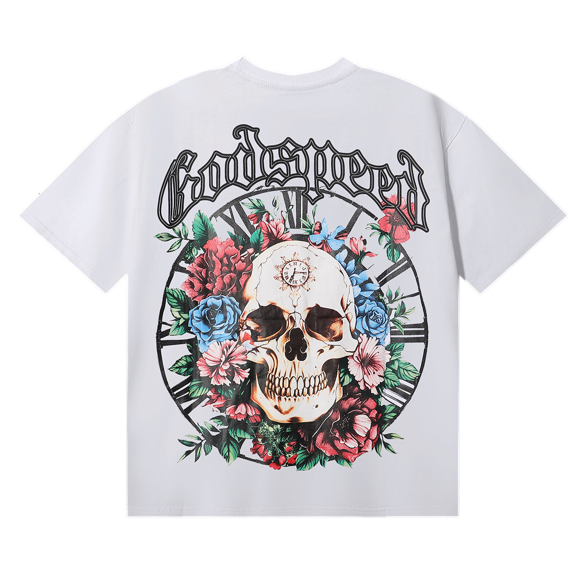 Godspeed T-shirts Skull Rose Clock Plate Double Yarn Cotton Casual Short Sleeve Men and Women