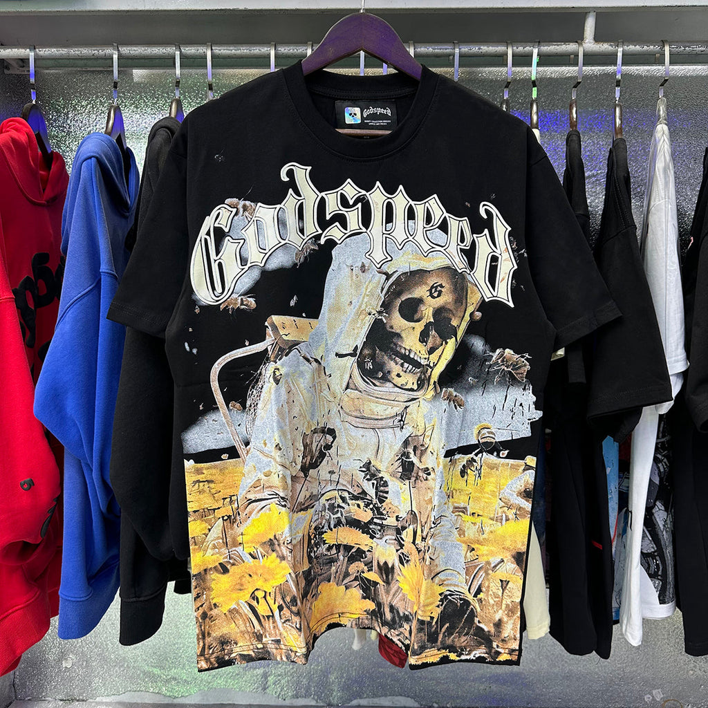 Godspeed T-shirts Skull Bee Sunflower Print Cotton Short Sleeve Men and Women