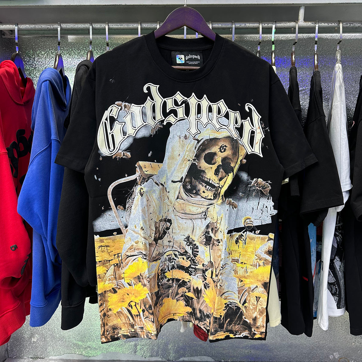 Godspeed T-shirts Skull Bee Sunflower Print Cotton Short Sleeve Men and Women